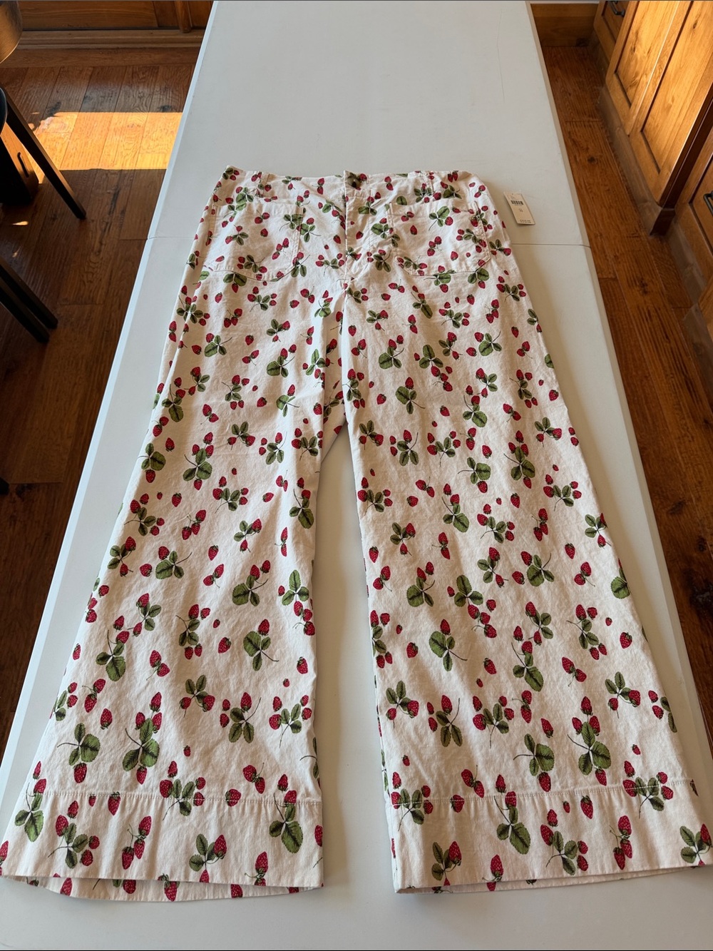 Maeve Cream Pants with Red Strawberry & Green Leaf Print